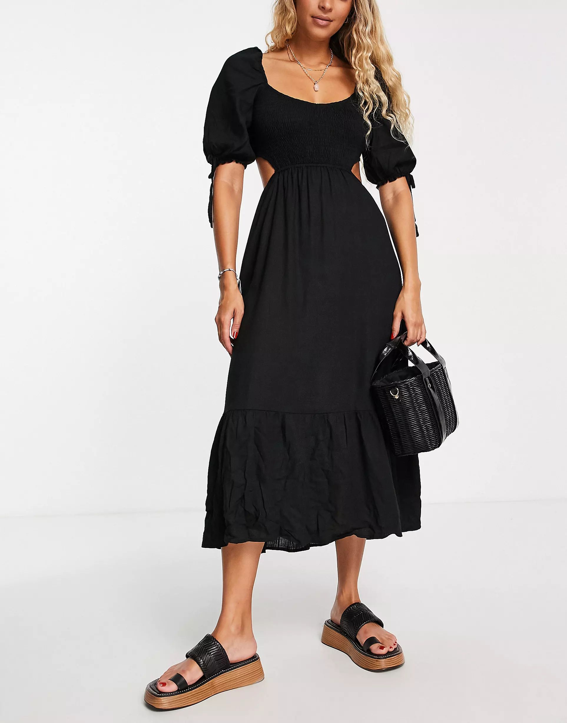 The Frolic Fin linen shirred front puff sleeve midi summer dress in black | ASOS (Global)