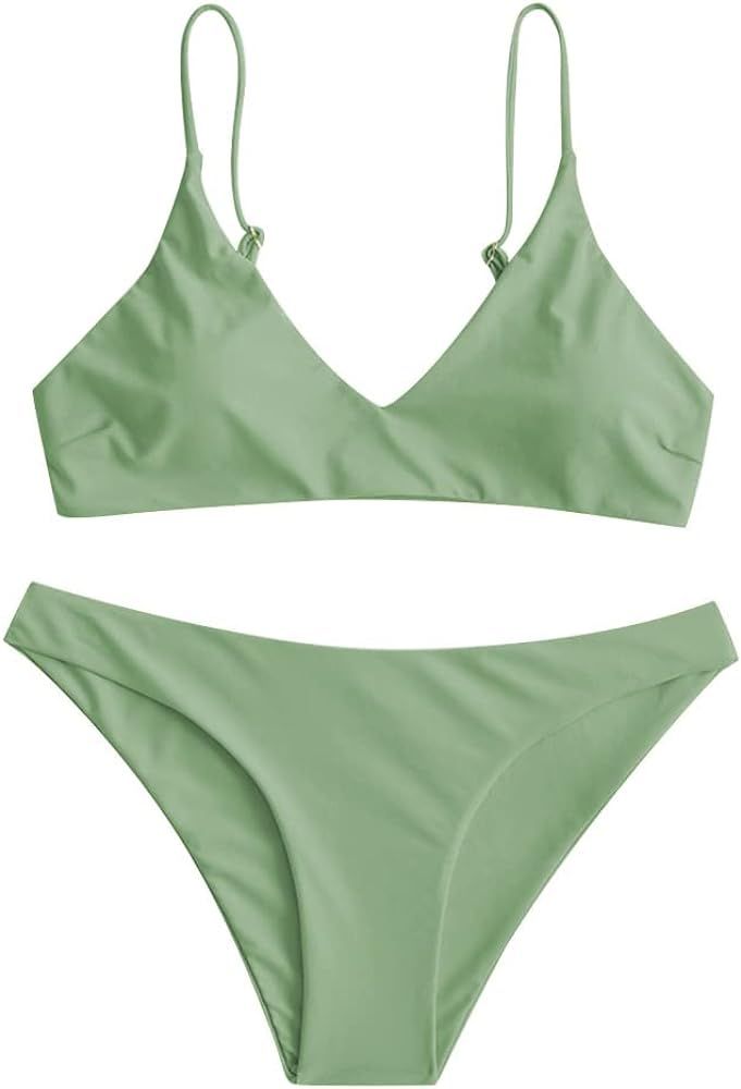 ZAFUL Women's Solid Spaghetti Strap Bralette Bikini Set Two Piece Swimsuit | Amazon (US)