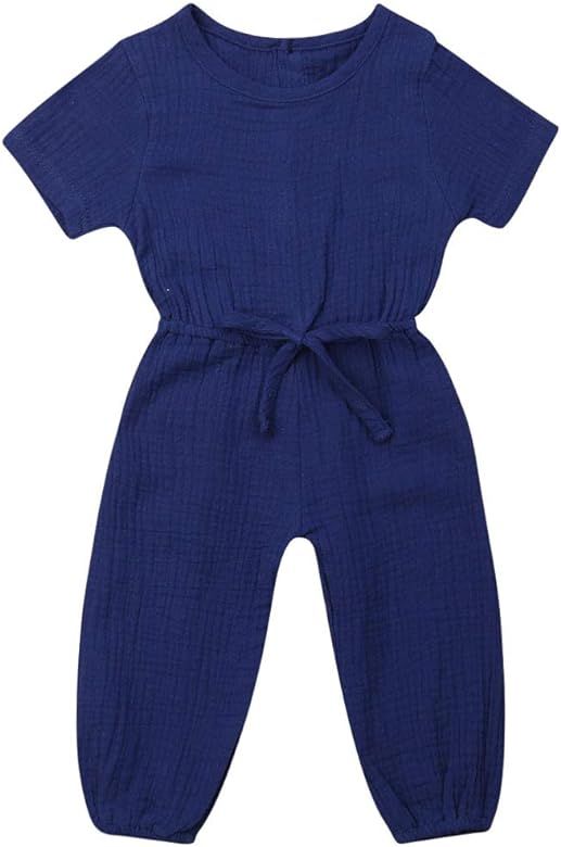 Toddler Baby Girl Summer Fall Basic Plain Short Sleeve Cotton Linen Drawstring Romper Jumpsuit | Amazon (US)
