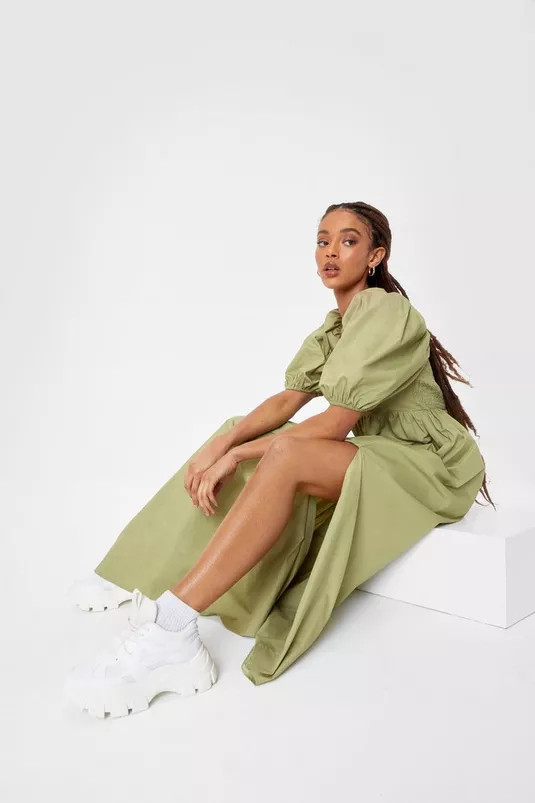 Shirred Puff Sleeve Square Neck Maxi Dress | Nasty Gal (US)