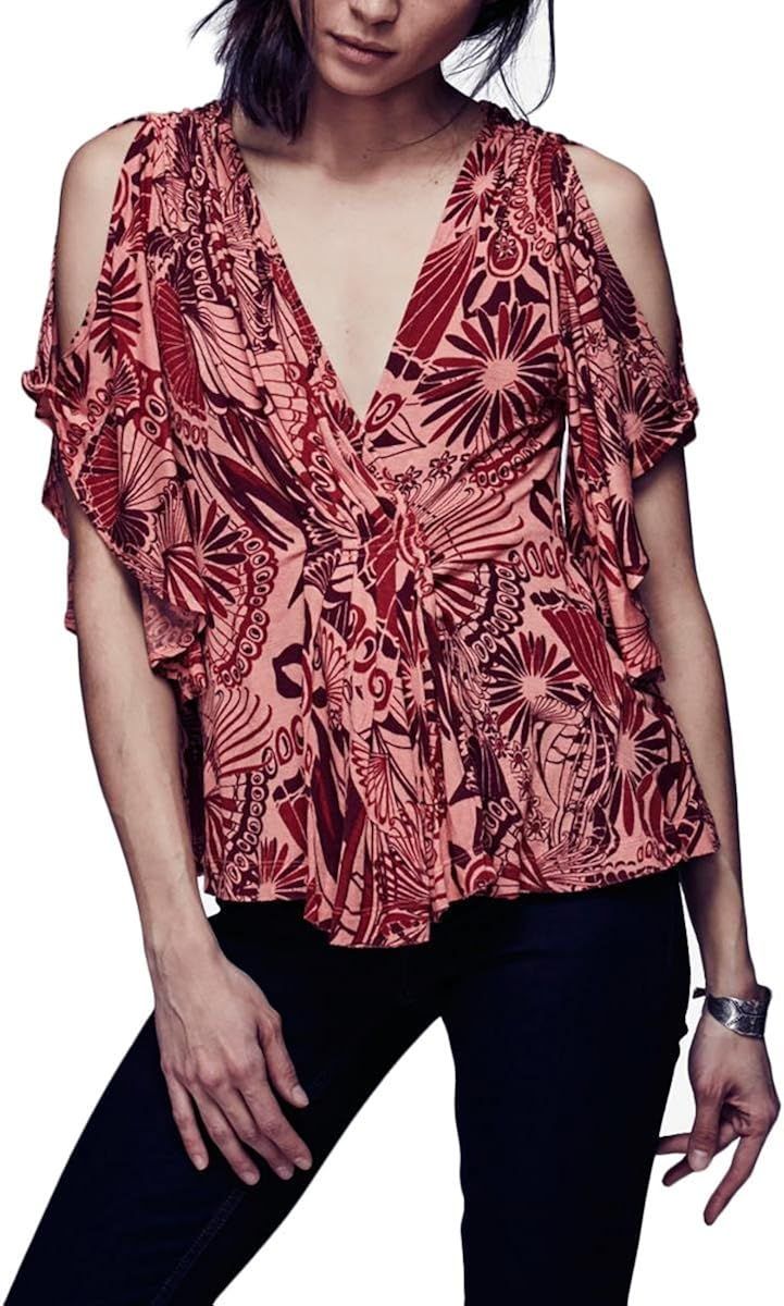 Free People Womens Amour Floral Print Open Shoulder Blouse Orange M | Amazon (US)