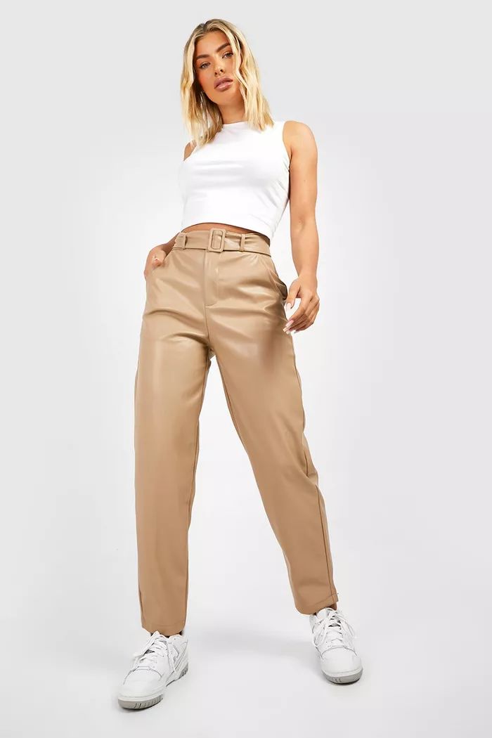 Leather Look High Waisted Belted Tapered Trousers | Boohoo.com (UK & IE)