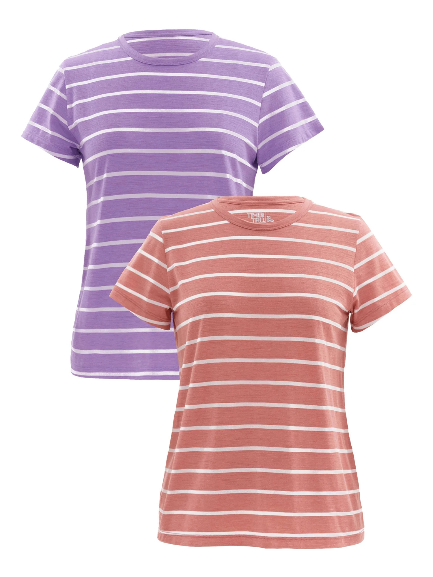 Time and Tru Womens Striped Short Sleeve Slub Crew Neck T-Shirt, 2-Pack | Walmart (US)