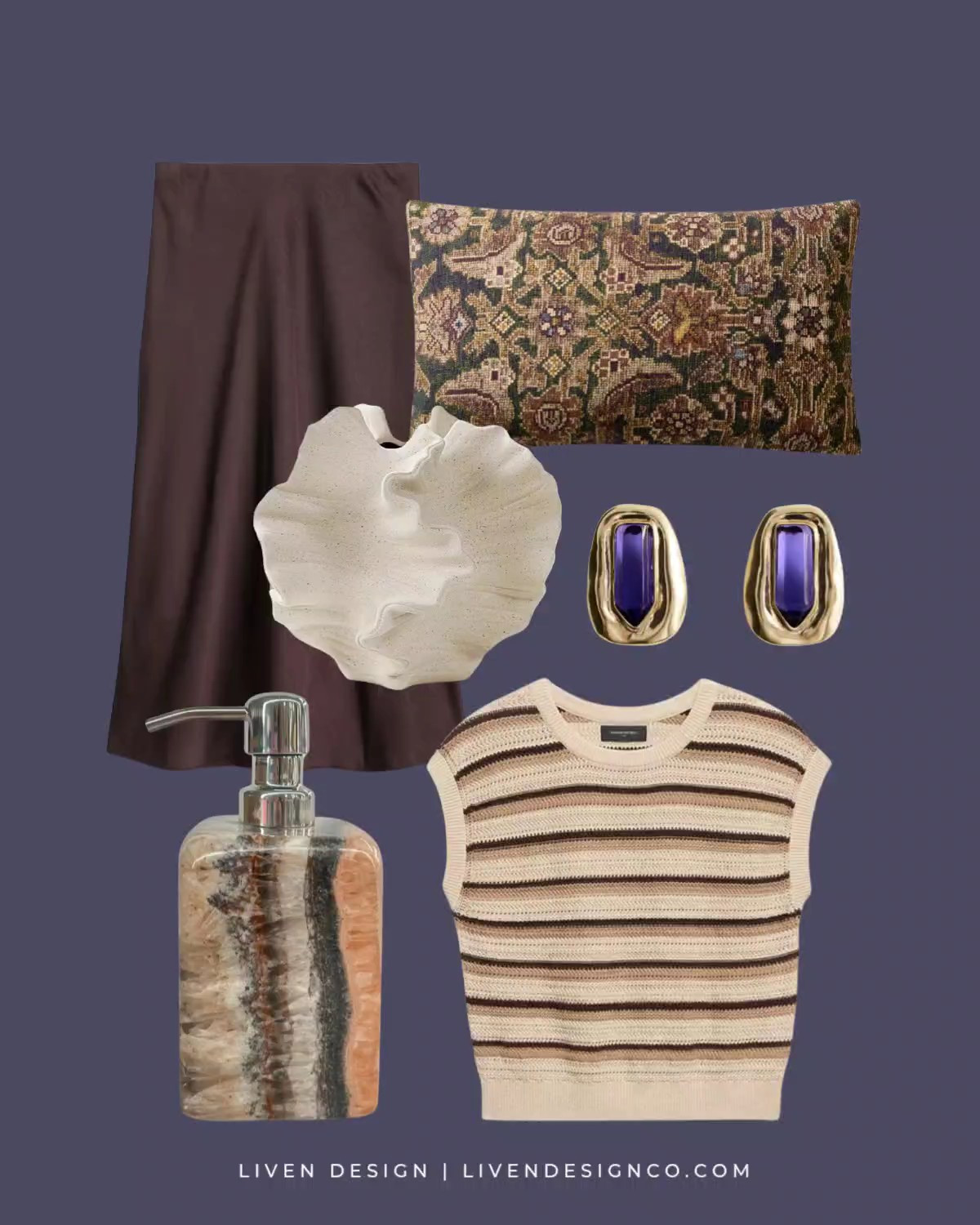 New discoveries. Style inspiration. Home decor. Stone soap dispenser. Bathroom decor. West Elm pillow cover. Living room decor. Silk satin brown burgundy skirt. Fall style. Amazon home finds. Ruffle vase. Sleeveless striped sweater. Banana Republic. Statement earrings. Purple stone earrings. Mango. Onyx soap dispenser 

#LTKSeasonal #LTKHome #LTKSaleAlert