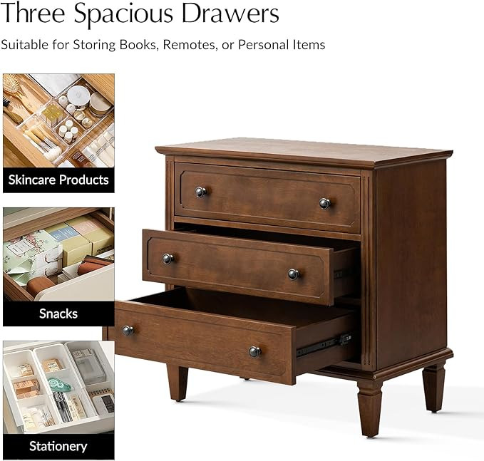 HULALA HOME 3 Drawer End Table with Charging Station, Wooden Drawer Organizer with Wood Legs, Mid... | Amazon (US)