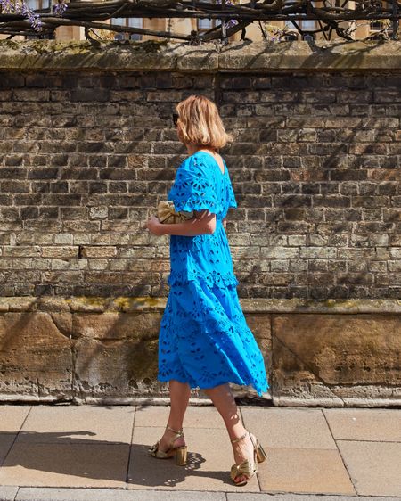 Blue Broderie anglaise dress, monsoon, gold accessories, gold heels, gold bow bag, wedding guest outfit, summer outfit, sundress, colourful outfit 

#LTKspring #LTKstyletip #LTKuk