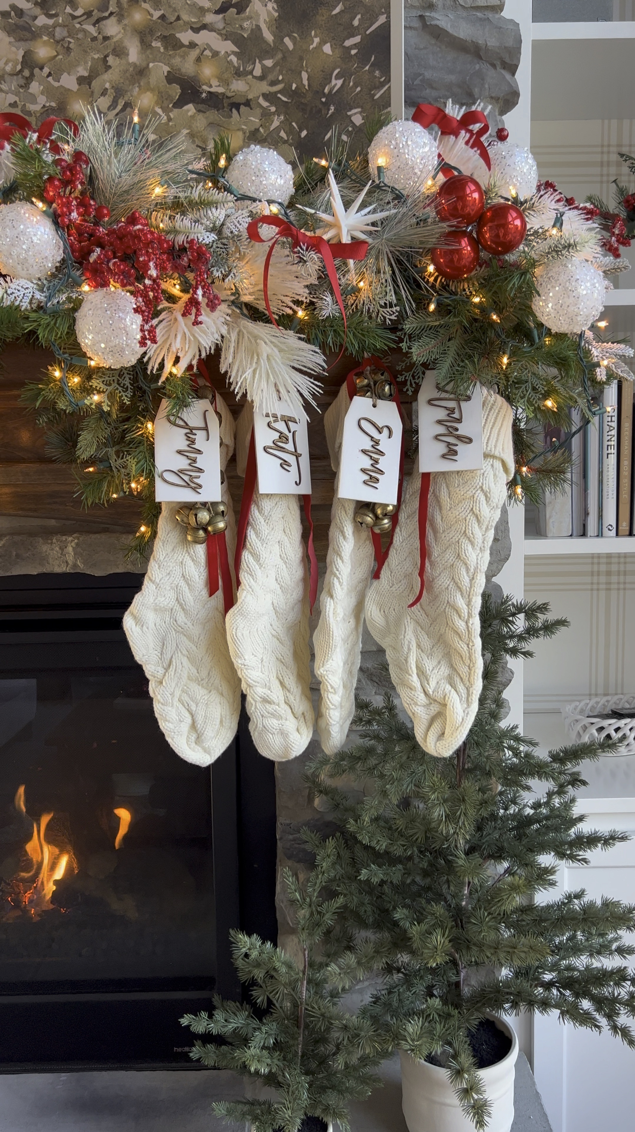Amazon stockings, personalized name tags from Etsy, ribbons and bells! Order your name tags now so you’ll have them in plenty of time  

#LTKSeasonal #LTKVideo #LTKHome