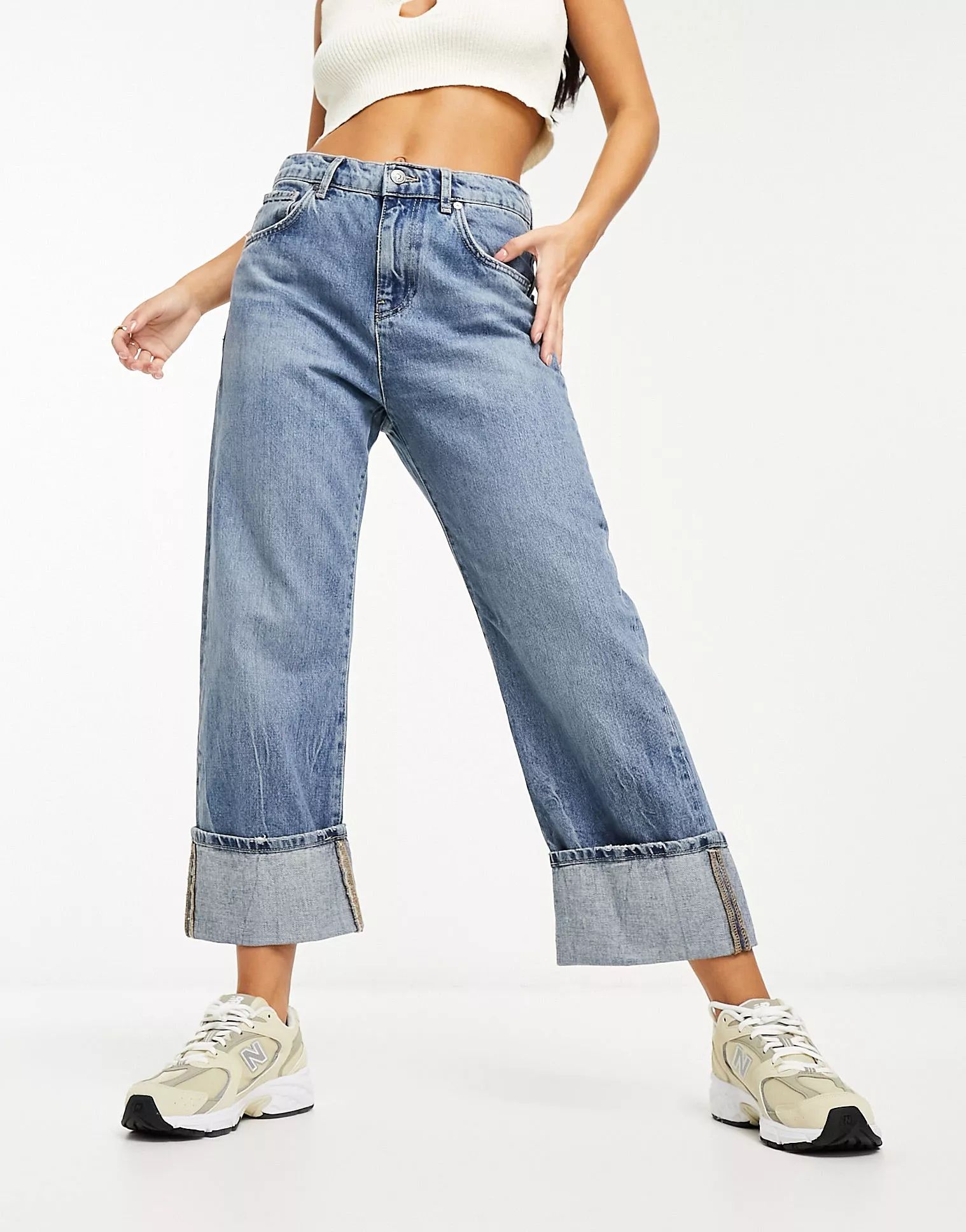 Mango oversized turn up jeans in blue | ASOS (Global)