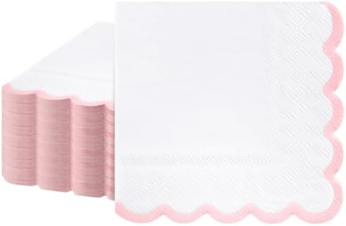 80 Pcs Pink Cocktail Napkins, 3 Ply Pink and White Scalloped Napkins | Disposable Dessert Beverag... | Amazon (US)