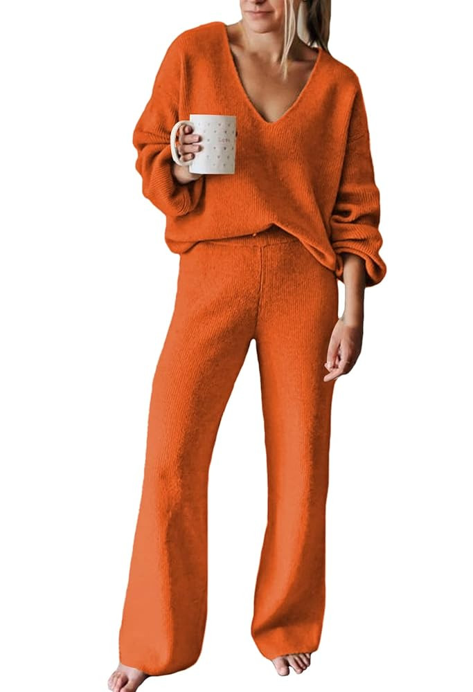 Viottiset Women's 2 Piece Outfits Casual V Neck Knit Wide Leg Sweater Lounge Set Sweatsuit | Amazon (US)