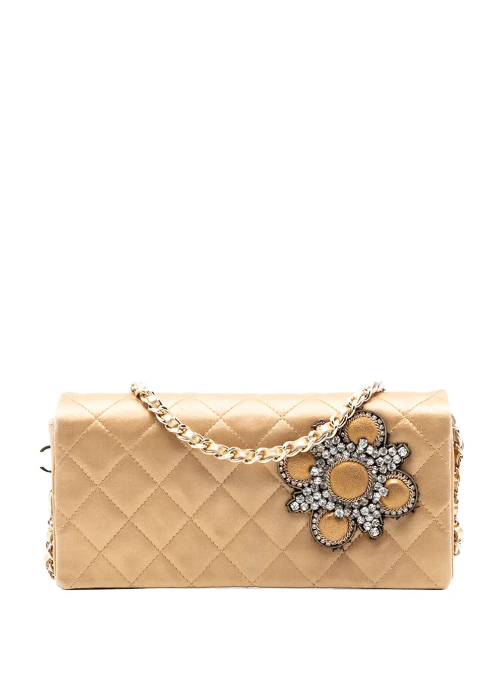 CHANEL Pre-Owned 2005-2006 Quilted Satin Crystal Chain clutch bag - Gold | Farfetch Global