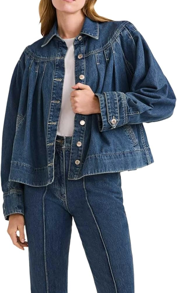 Womens Cropped Denim Jacket Long Sleeve Collared Button Down Pleated Jean Jckets with Pockets | Amazon (US)