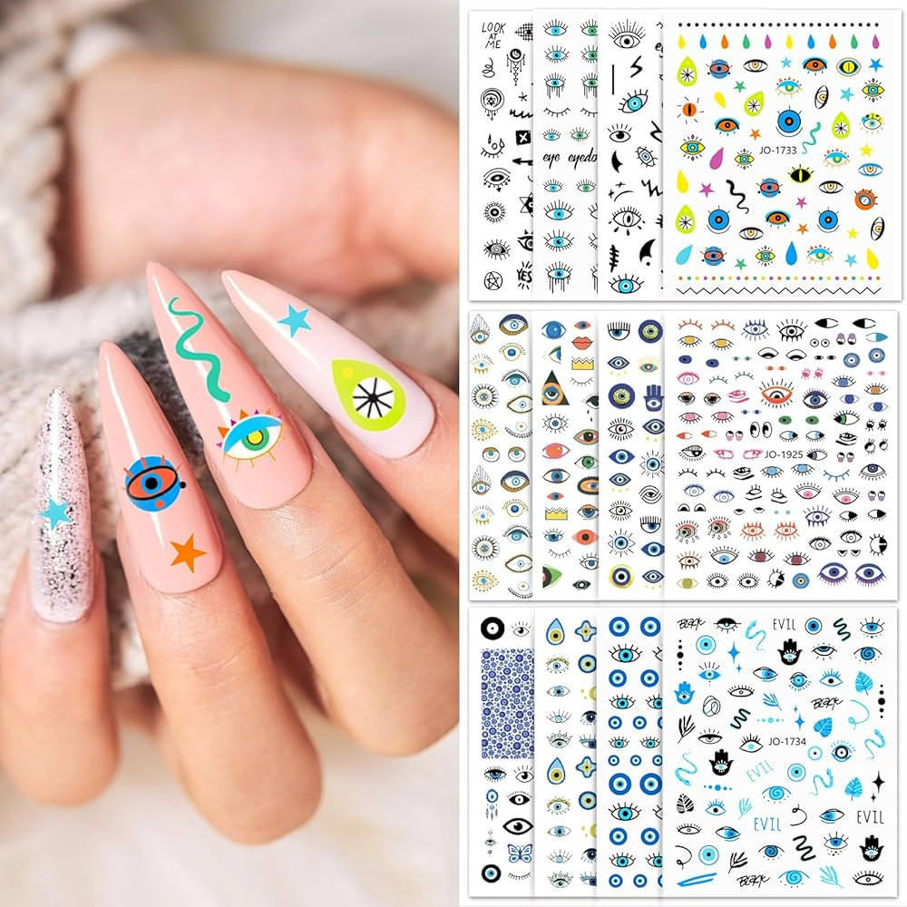 12 Sheets Evil Eye Nail Art Stickers Decals Self Adhesive Pegatinas Uñas Turkish Blue Eye Hamsa ... | Amazon (US)