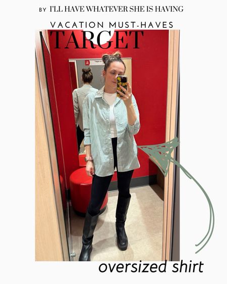 Oversized shirt - green and white striped shirt from Target - great to throw over swimsuit, or could be worn as a vacation outfit with white bottoms

#LTKSeasonal #LTKswim #LTKtravel