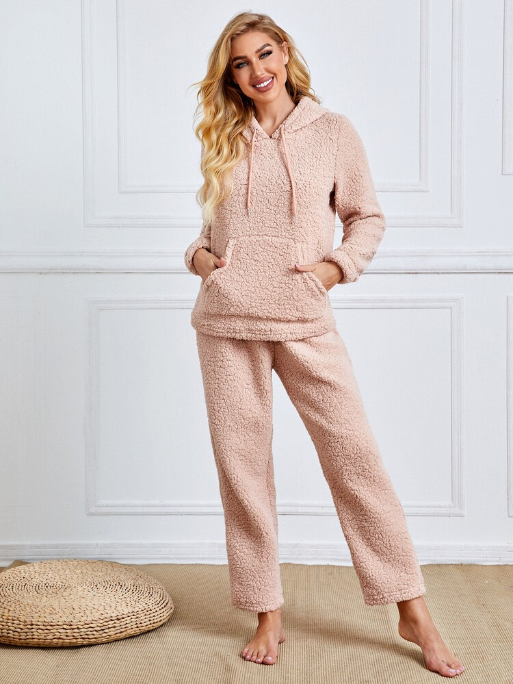 Kangaroo Pocket Teddy Hoodie & Pants Lounge Set | SHEIN