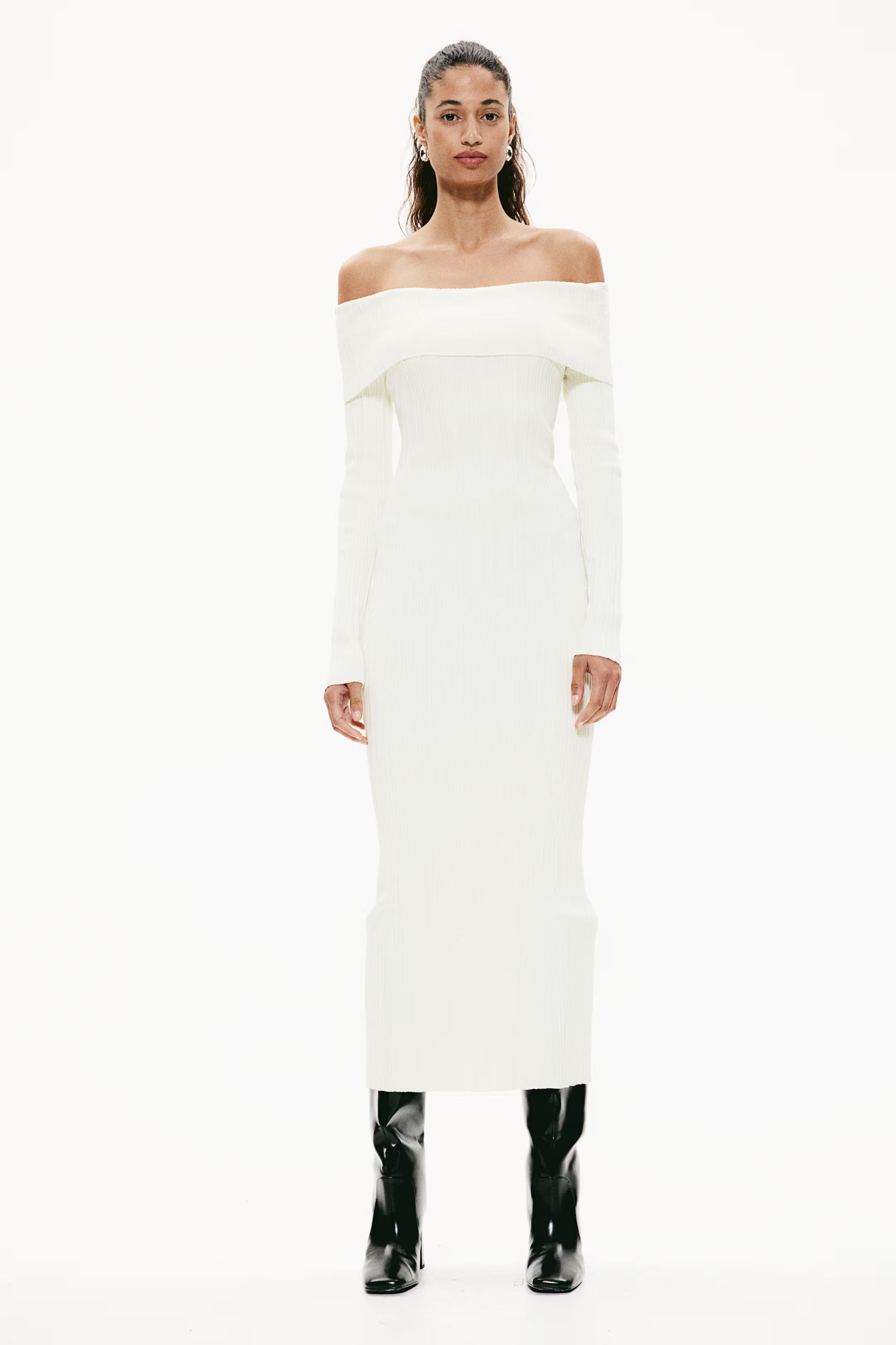 Rib-Knit Off-the-Shoulder Dress - Long sleeve - Long - White - Ladies | H&M US | H&M (US + CA)