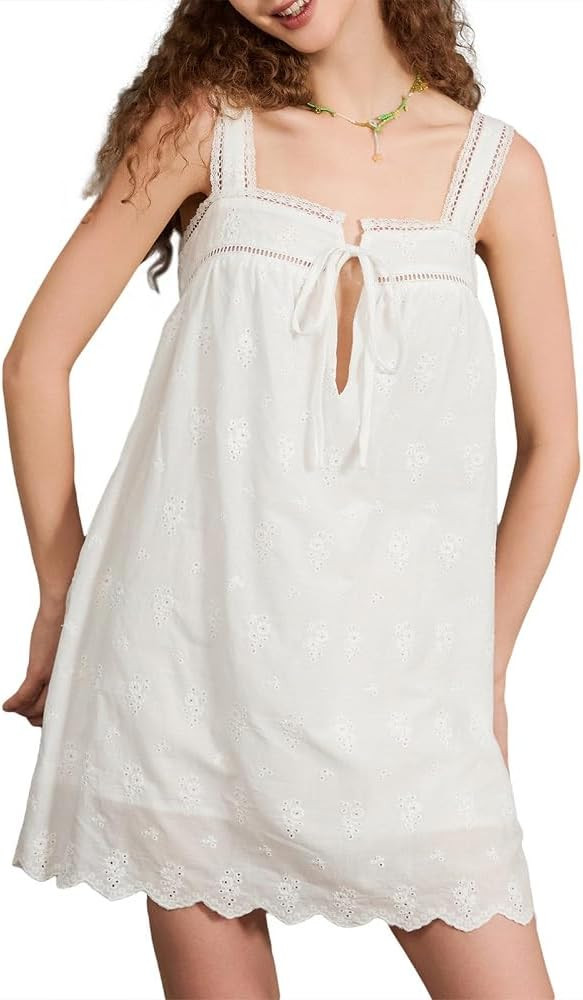 Women Lace Trim Mini Dress Ruffle Flowy Babydoll Dress Spaghetti Strap Loose Sundress Boho Going ... | Amazon (US)