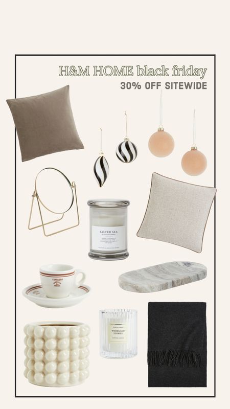 H&M Home Black Friday Sale - 30% off everything!
throw pillows, vanity mirror, winter candles, marble tray, christmas ornaments, throw blanket