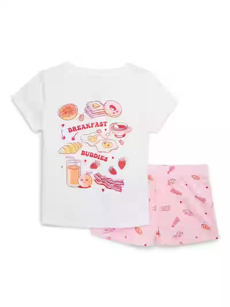 Wonder Nation Girl Short Sleeve Tee and Shorts, 2-Piece Pajama Set, Sizes 4-18 & Plus | Walmart (US)