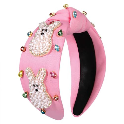 NVENF Easter Headbands for Women Beaded Easter Rabbit Bunny Headband White Pink Crystal Pearl Knotted Hairband Happy Accessories Spring Holiday Headwear Outfits Gifts (Bunny B - Pink) | Amazon (US)