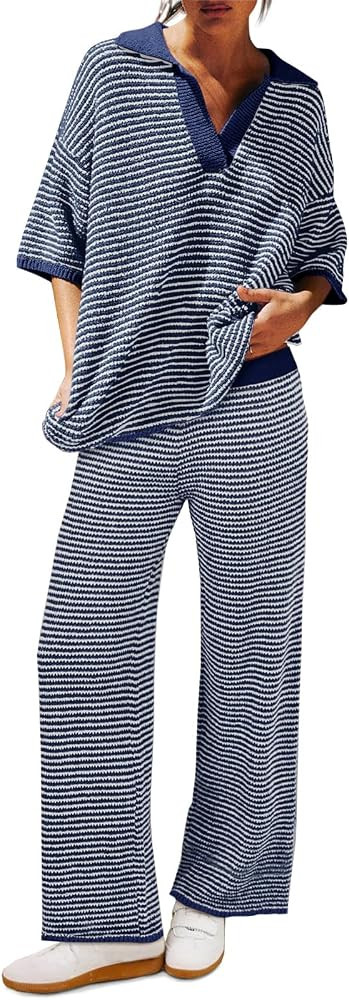 Tankaneo Womens Sweater Set Striped 2 Piece Outfits Oversized 3/4 Sleeve V Neck Knit Tops Wide Le... | Amazon (US)