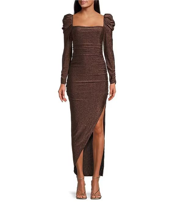 Vanozza Metallic Knit Square Neck Long Puffed Sleeve High Slit Asymmetrical Dress | Dillard's