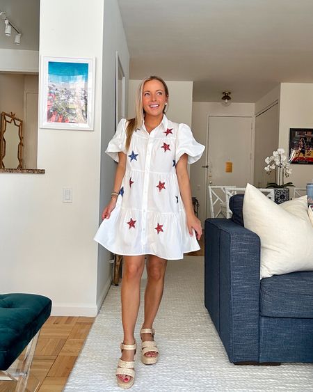 The cuuuutest 4th of July dress ever!! Use code AMY15 for 15% off, it’s true to size 🧨🇺🇸 #4thofJuly #stars #whitedress #wovensandals #raffiasandals #platformsandals 

#LTKunder100 #LTKSeasonal #LTKFind