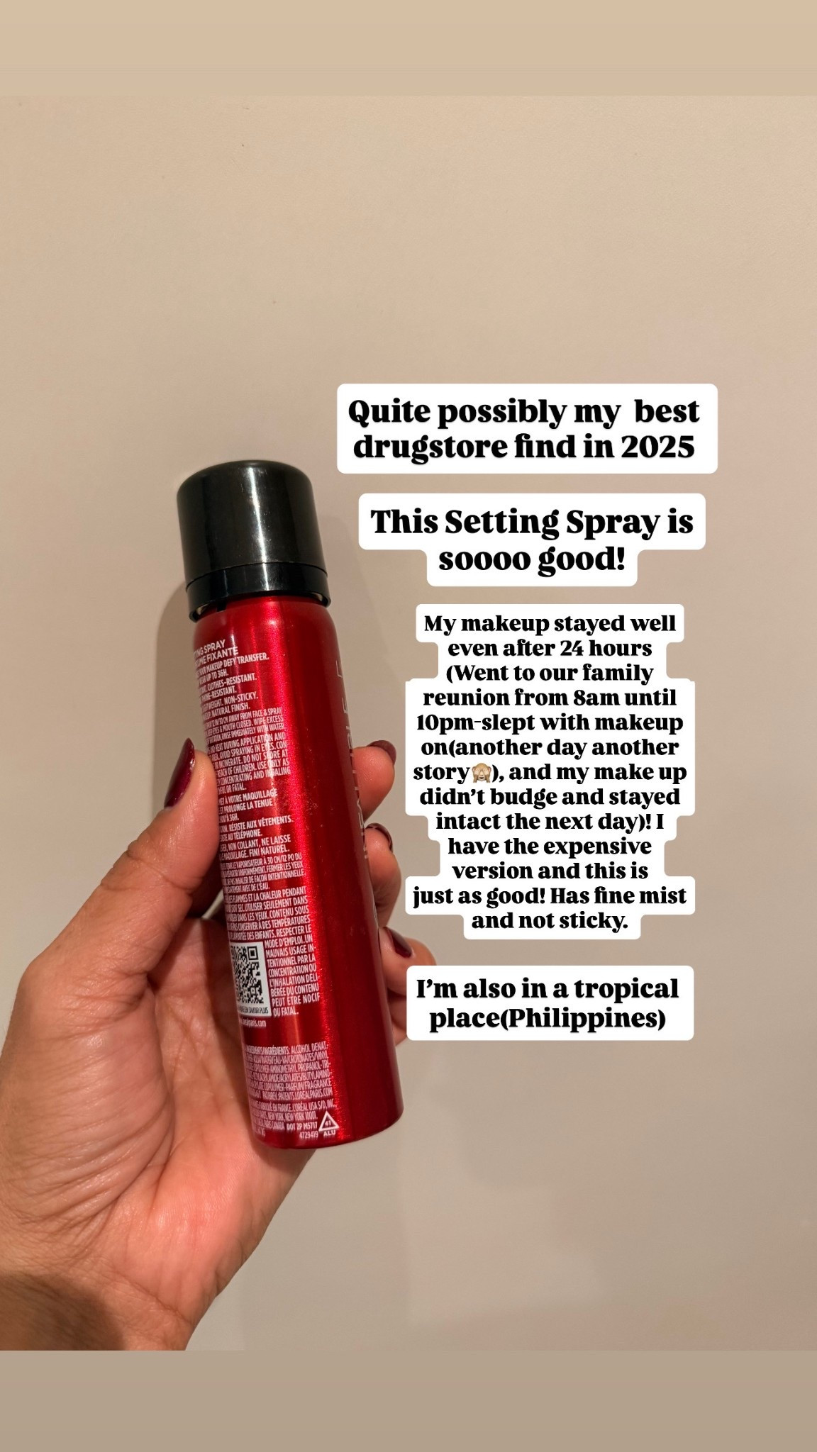 Looove this drugstore setting spray: not sticky, not matte, just right, has fine mist, makeup stayed intact even after 36 hours. 

#LTKBeauty #LTKOver40 #LTKselfcare