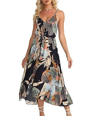 BROVAVE Women's 2024 Summer Casual Boho Sundress Polka Dot Spaghetti Strap V Neck Flowy Midi Dres... | Amazon (US)