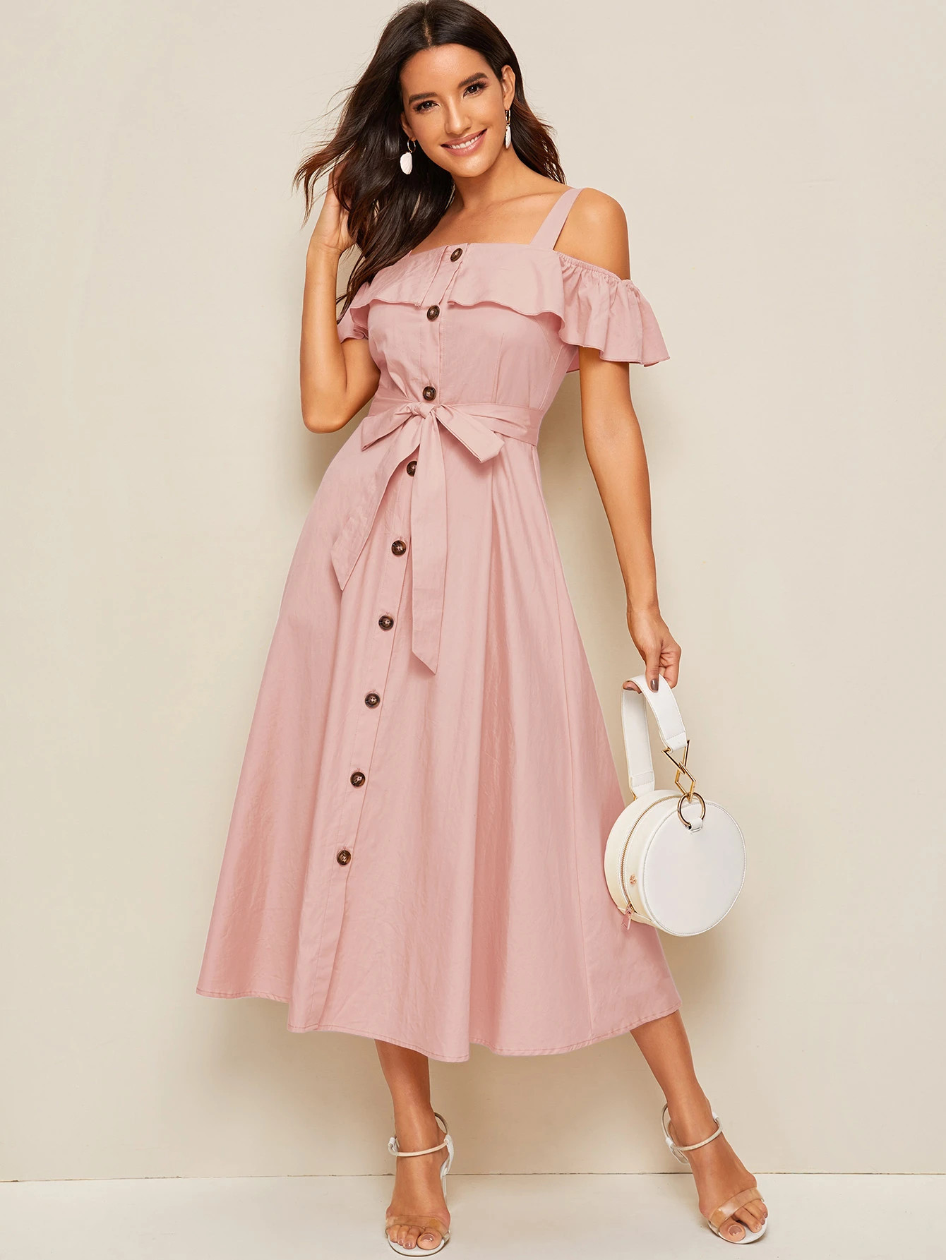 SHEIN Flounce Foldover Button Front Self Belted Dress | SHEIN