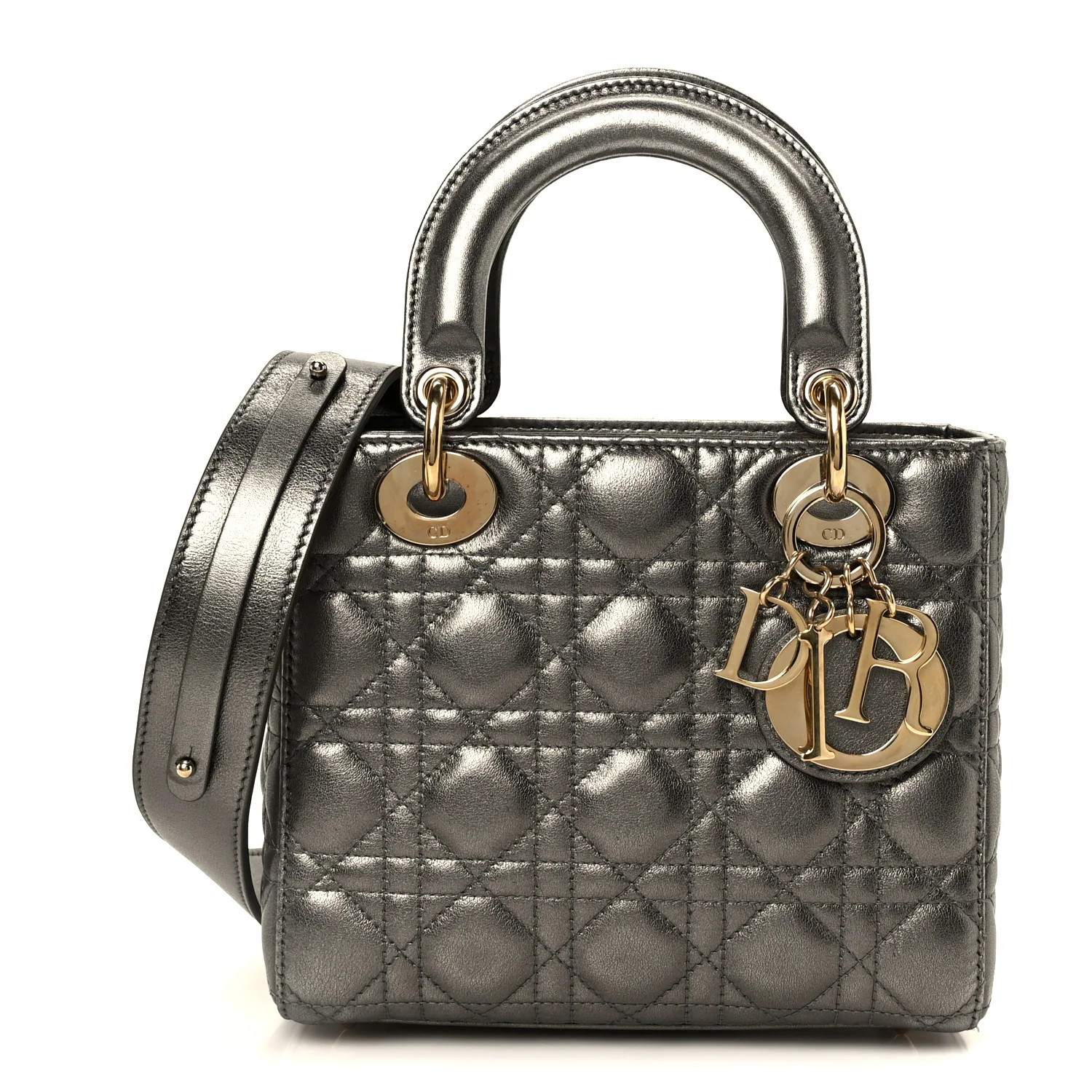Metallic Lambskin Cannage Small My ABCDior Lady Dior Dark Silver | FASHIONPHILE (US)