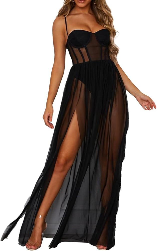 Women's Sheer Mesh Corset Maxi Dress with Side Slit, Built-in Lingerie Bodycon Long Slip Dresses | Amazon (UK)