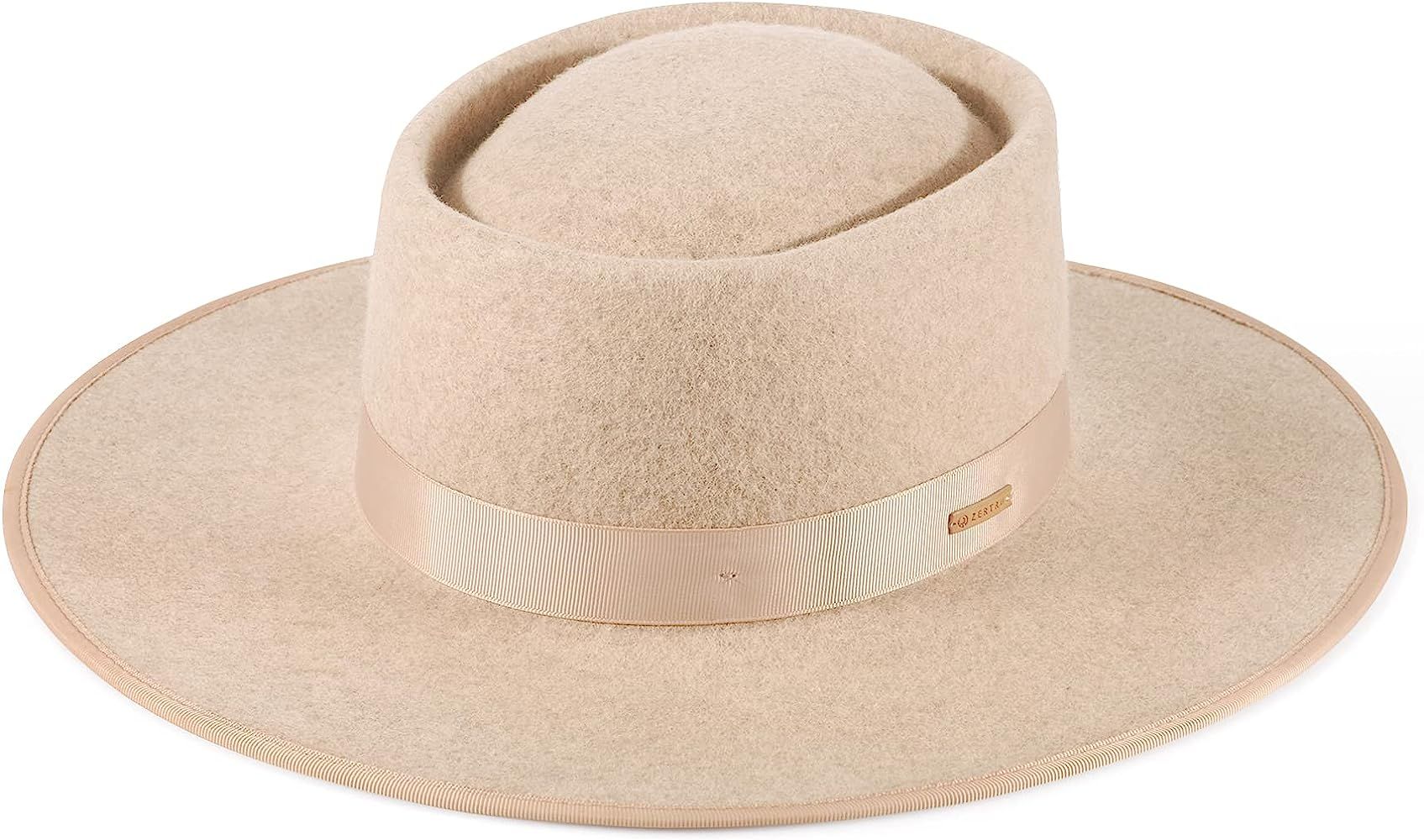 Fedora for Women Wool Felt Boater Hat Flat Top/Pork Pie Style Wide Brim Adjustable Vintage Classi... | Amazon (US)