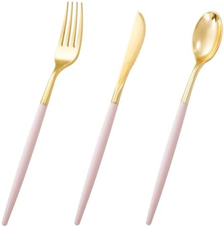 I00000 60 Pack Pink Plastic Silverware,Gold Disposable Flatware with Pink Handle, Gold Plastic Cu... | Amazon (US)