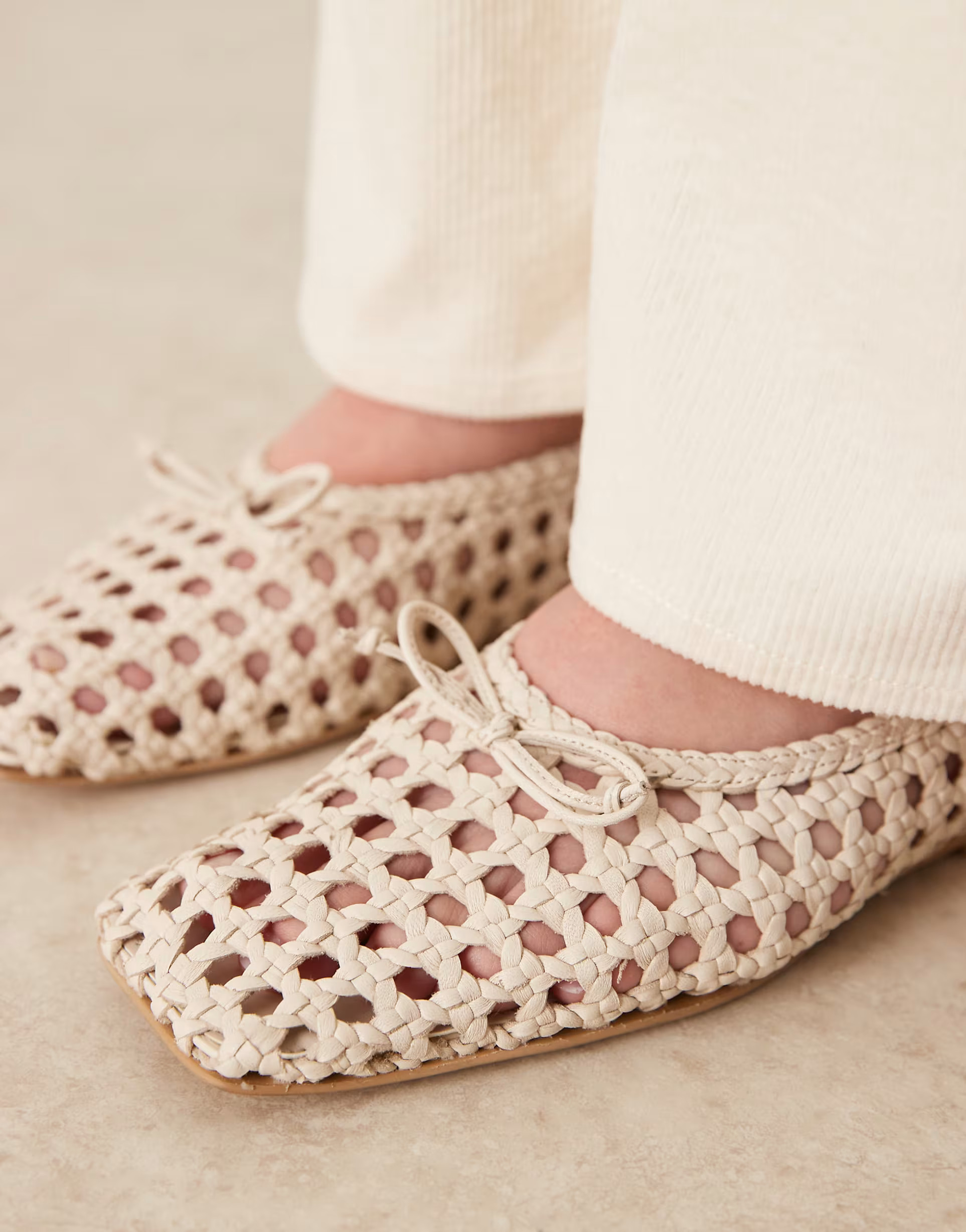 ASOS DESIGN Lysandra leather high-vamp ballet flats in off-white weave | ASOS (Global)