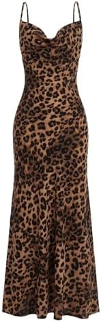 Floerns Women's Leopard Print Draped Collar Spaghetti Strap Cami Long Dress | Amazon (US)