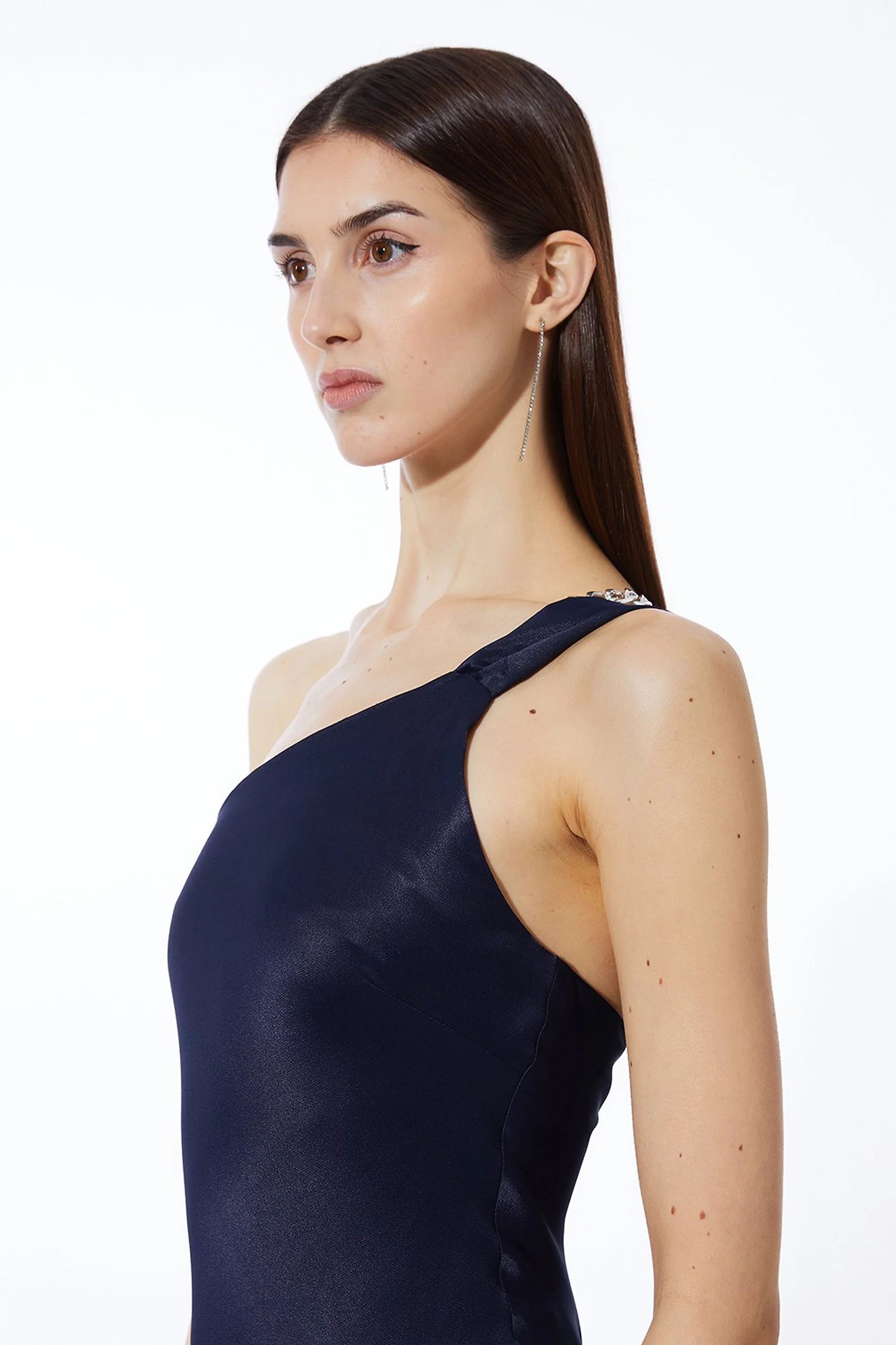 Satin Back Crepe Tailored One Shoulder Chain Detail Asymmetric Midaxi Dress | Karen Millen UK + IE + DE + NL