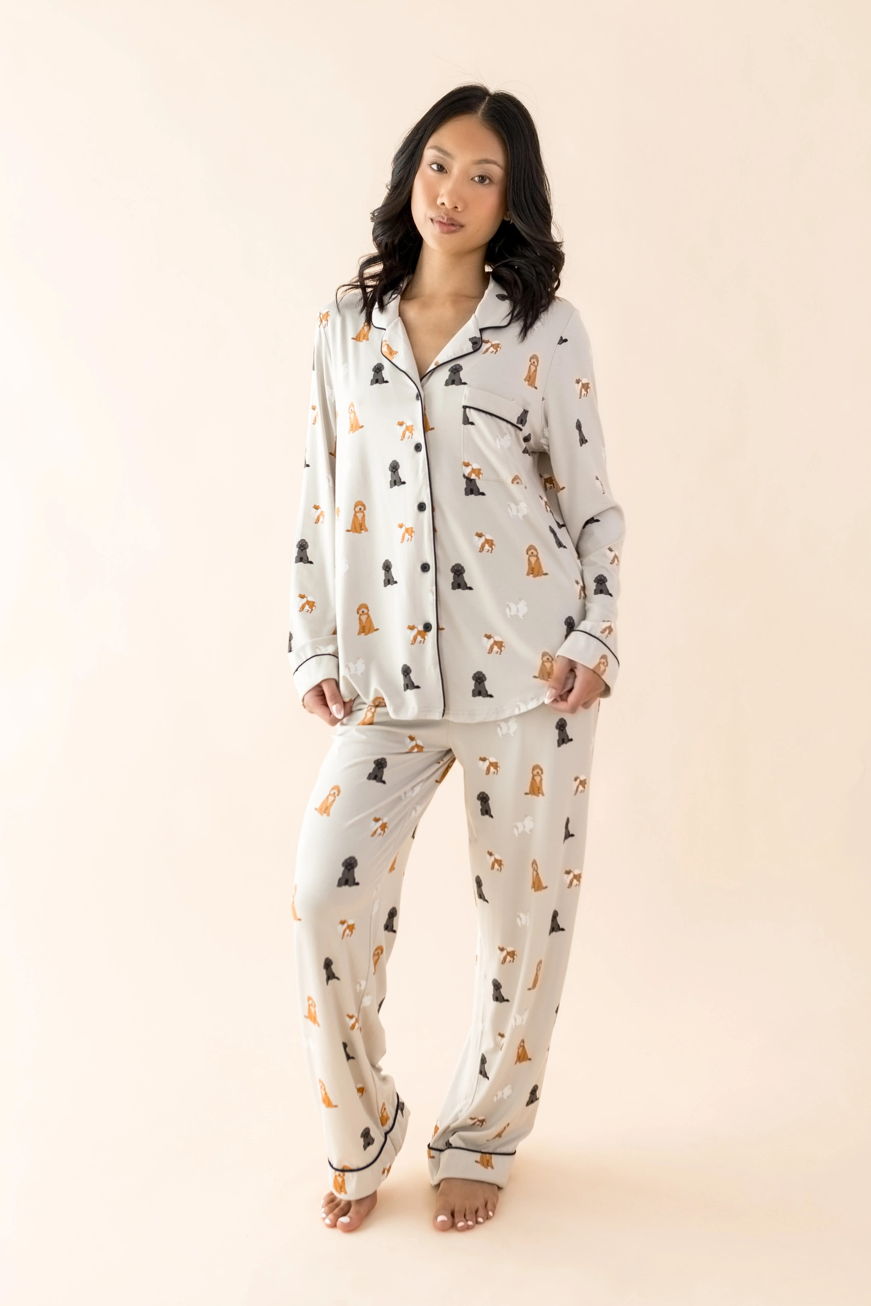 Bamboo Long-Sleeved Women's Pajama Set in Fluffy Dog | Kyte Living