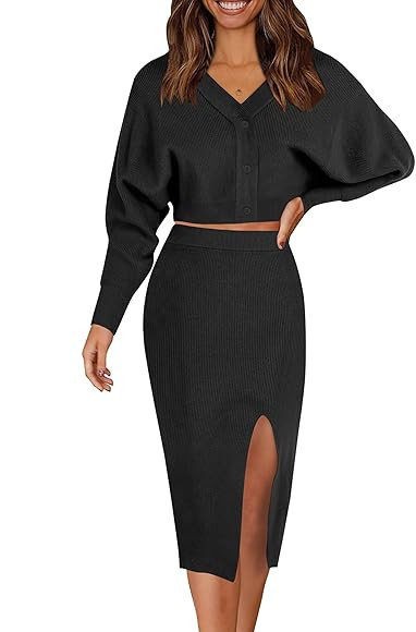 Caracilia Women Two Piece Outfits Sweater Sets Long Sleeve Knit Top and Bodycon Side Slit Midi Sk... | Amazon (US)