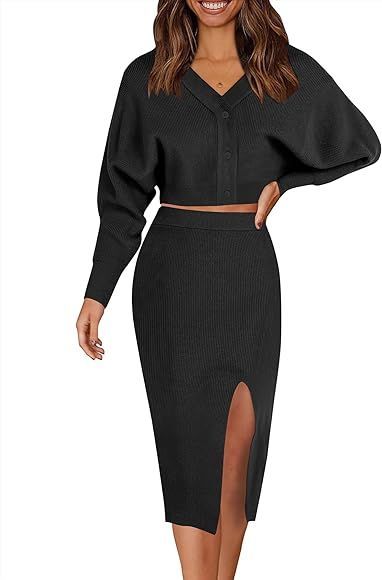 Caracilia Women Two Piece Outfits Sweater Sets Long Sleeve Knit Top and Bodycon Side Slit Midi Sk... | Amazon (US)