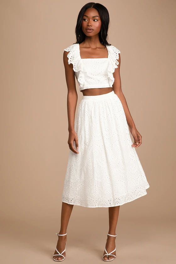 Happiness Wins White Eyelet Lace Ruffled Two-Piece Midi Dress | Lulus (US)