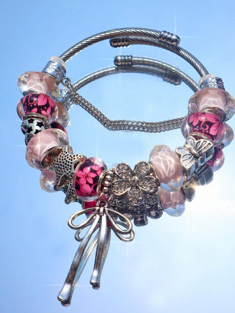 Cherry Blossom DIY Charm Bracelet, Adjustable Pink Sakura Bracelet, Vintage Silver DIY Bracelet, Ballet Bow Bracelet, Vintage Starfish Bracelet Valentines,Mom,Mother,Mother's Day,Gift | SHEIN