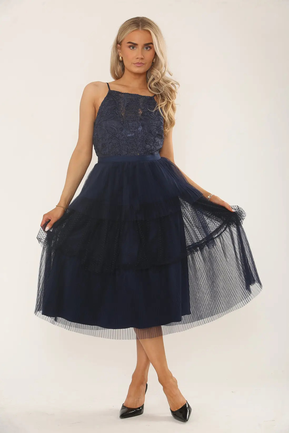 Dresses | Navy Lace & Mesh Tiered Midi Dress | ELAINA FASHION | Debenhams UK