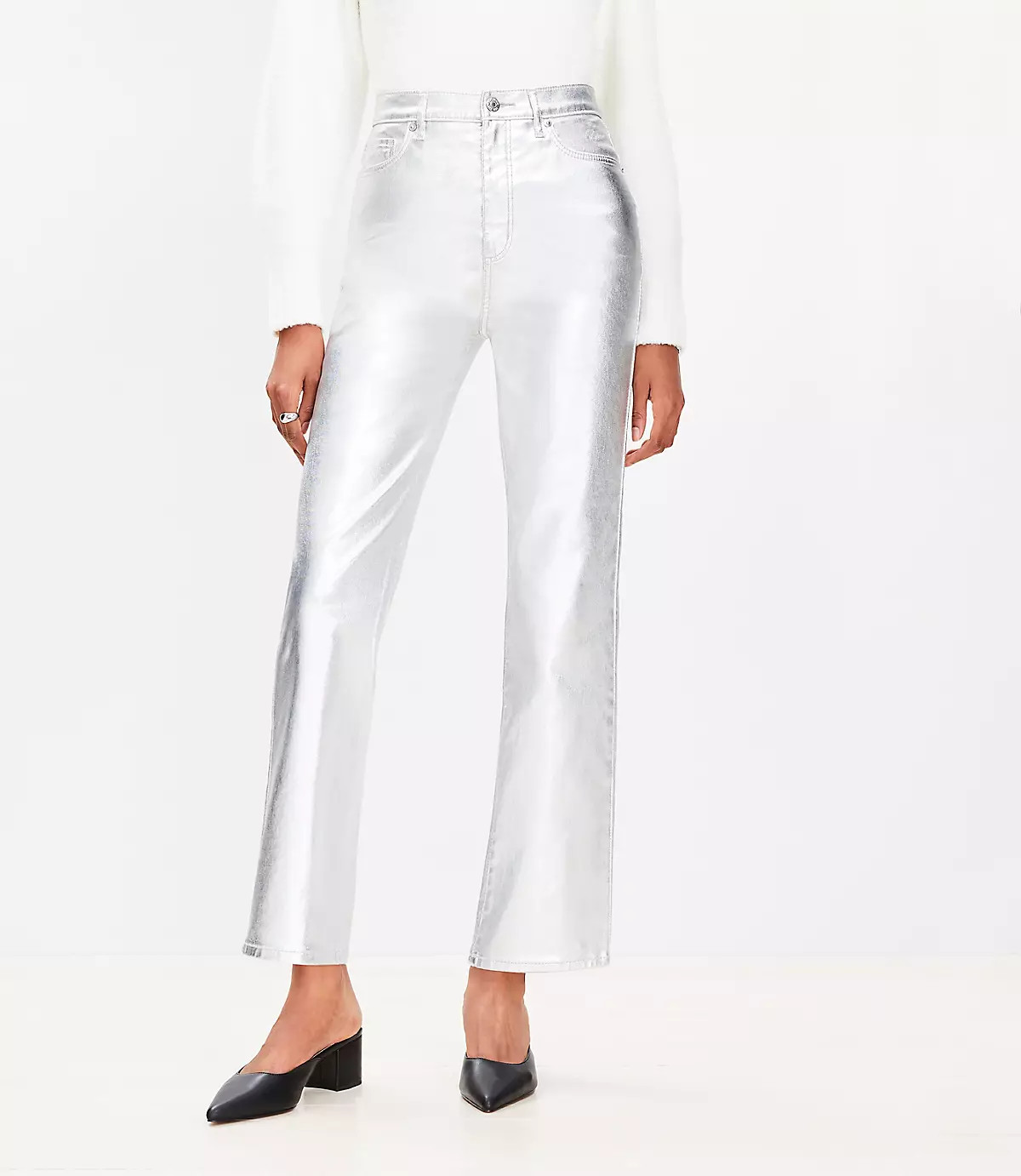 Coated High Rise Straight Jeans in Silver Metallic | LOFT