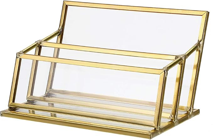 Hipiwe 2 Slots Glass Business Card Holder Stand - Gold Metal Frame Name Card Display Stand Busine... | Amazon (US)