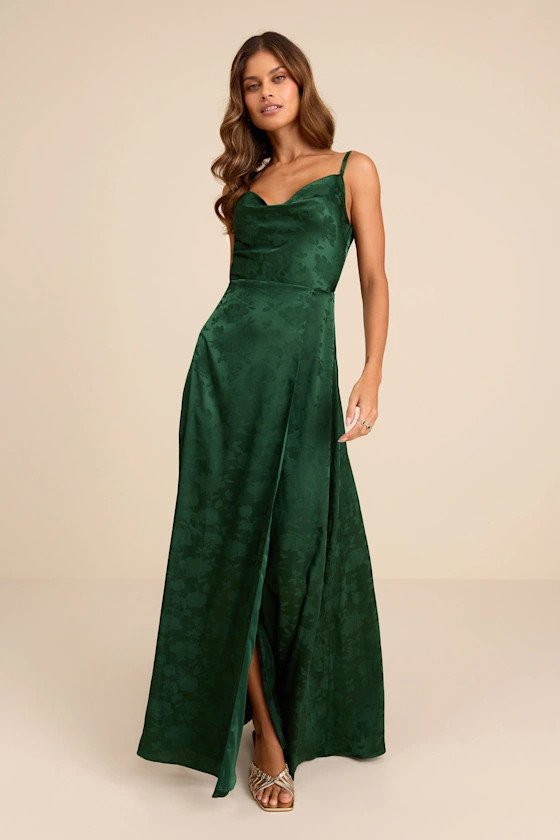 Simply Dreamy Emerald Green Satin Floral Jacquard Maxi Dress | Lulus