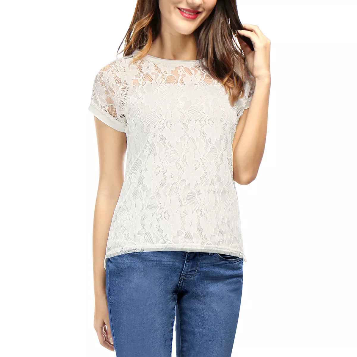 Allegra K Women's Curved Hem Sheer Short Sleeves Floral Lace Blouse | Target