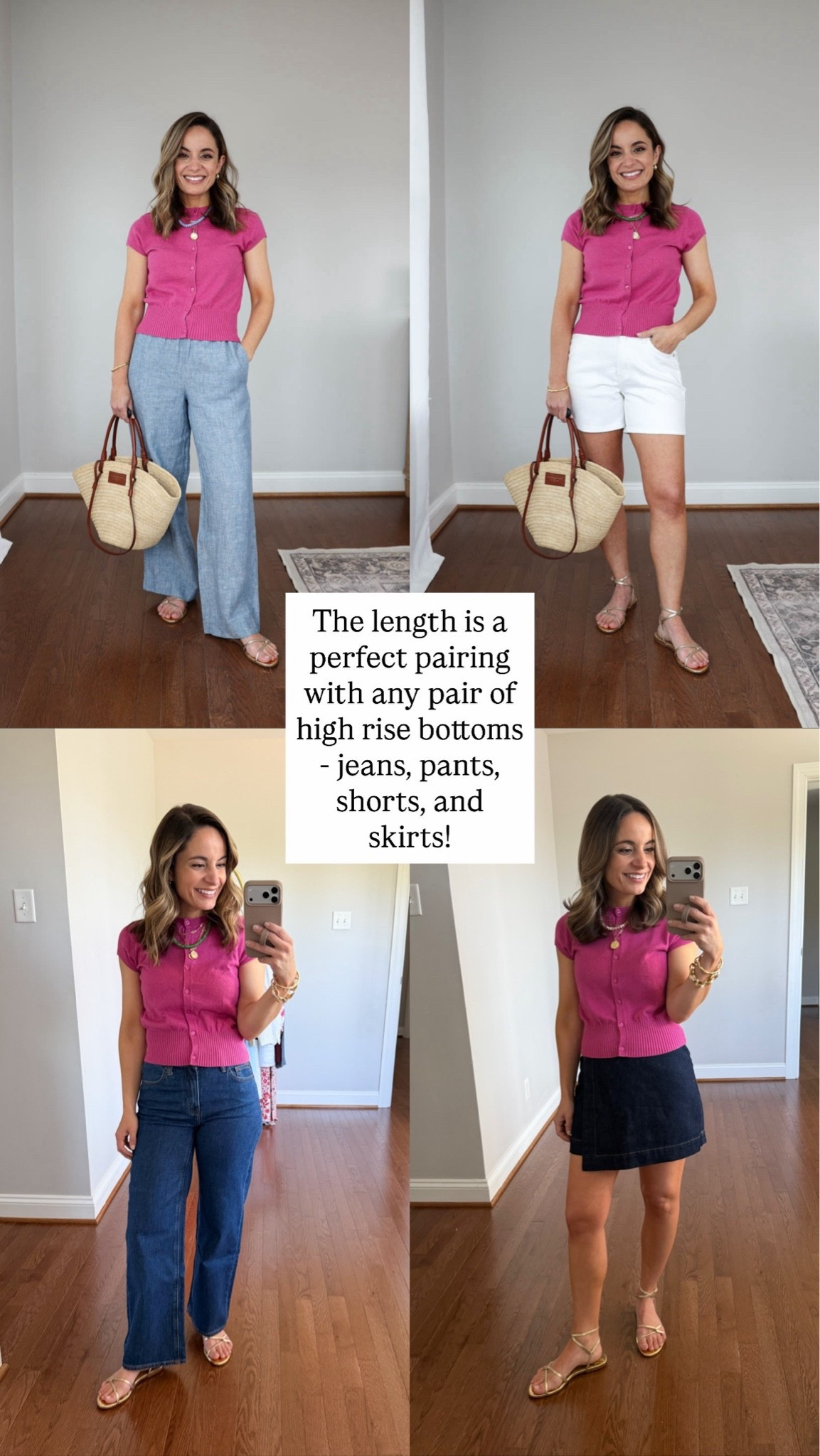 I heard you were looking for petite-friendly tops you can wear untucked!

Sweater (Anthropologie): xxs 
Denim skort (Madewell): 00 
Jeans (Quince): 24 extra short obsidian blue / 10.5” rise / 26” inseam 
Linen pants (LOFT): petite xxs / 10” rise / 27.5” inseam 
White shorts (Quince): 24 
Shoes (Sam Edelman): true to size 

My measurements for reference: I’m 4’10” and 105lbs. My bust, waist, and hip measurement is 32”, 24”, and 36”.