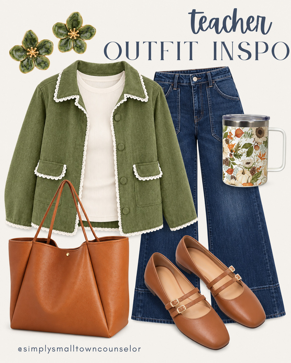 teacher outfit inspo 🤍 An olive jacket with the cutest lace trim, a ribbed basic & wide leg jeans for a fall classroom look! Add brown Mary Janes, a roomy tote & green floral earrings—plus a fall mug for your morning coffee! 🍂 

 #LTKWorkwear