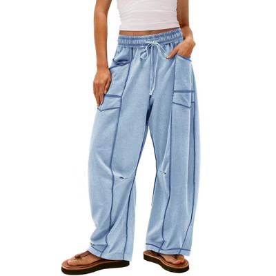 Womens Barrel Sweatpants High Waisted Wide Leg Pants Drawstring Athletic Baggy Pants Reverse Seam Barrel Pants with Pockets, Light Blue - XL | Target